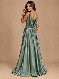Cowl Neck Pleated Satin Prom Dress with Pockets & Slit Maxi Formal Gowns