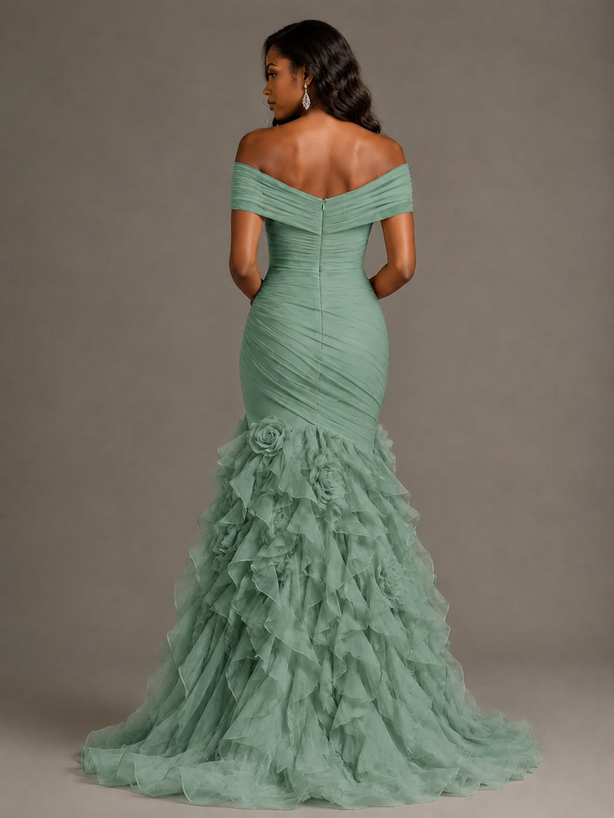 Pink Off-the-Shoulder Mermaid Prom Dress with Ruffles 3D Flowers