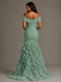 Pink Off-the-Shoulder Mermaid Prom Dress with Ruffles 3D Flowers