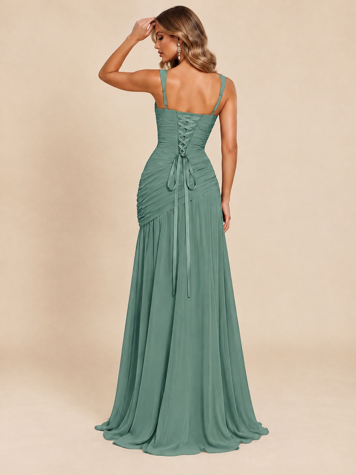 Wrap Pleated Prom Dress Scoop Neck with Slit Women Wedding Formal Dress