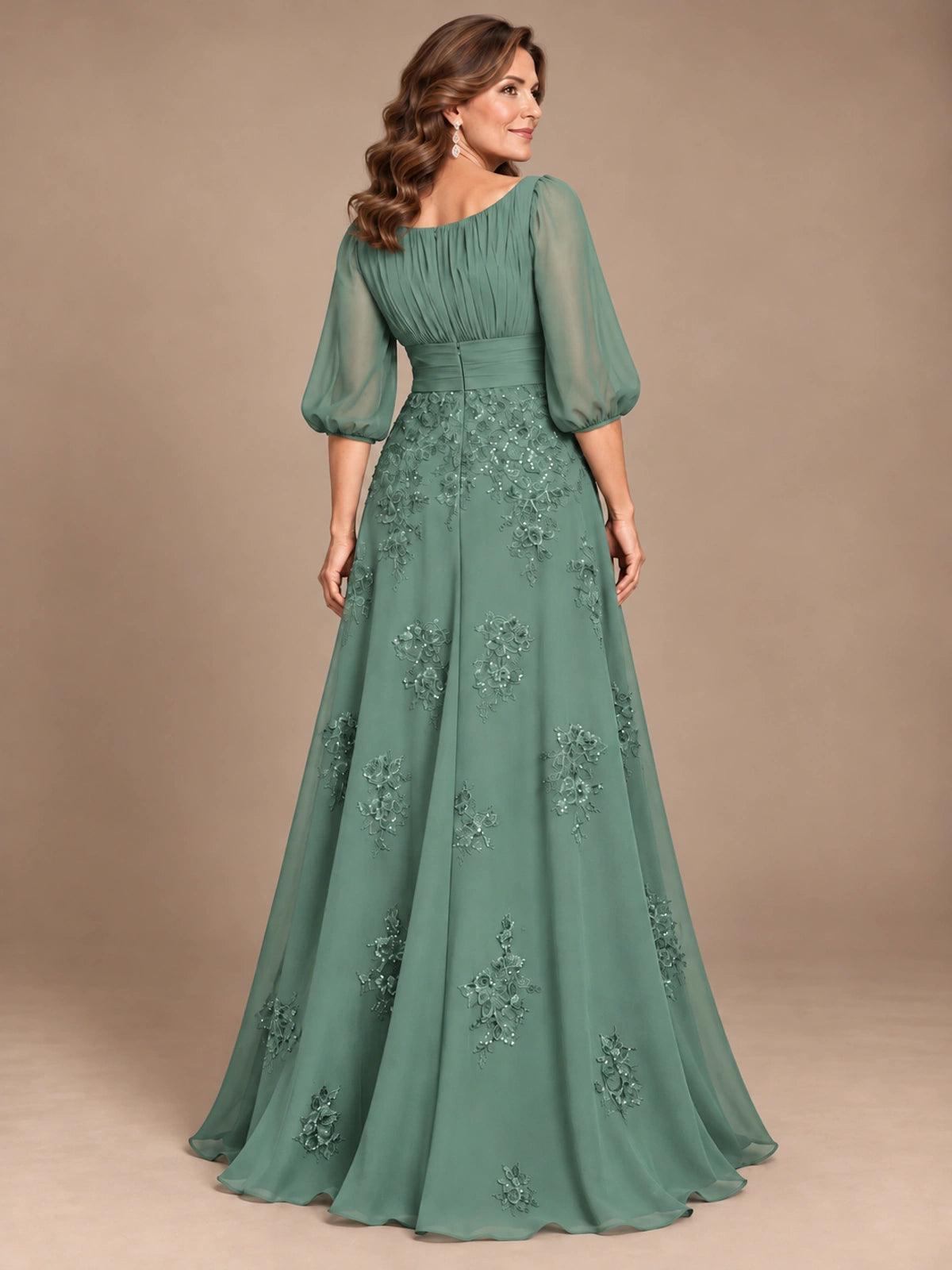 A-Line Mother of the Bride Dress with Sheer Puff Sleeves