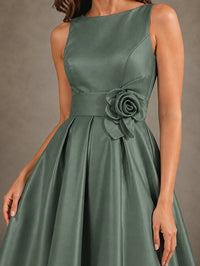 Tea-Length Satin Mother of the Bride Dress with 3D Flower Detail