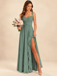 Spaghetti Straps Pleated Chiffon Bridesmaid Dress with Ruffle Slit