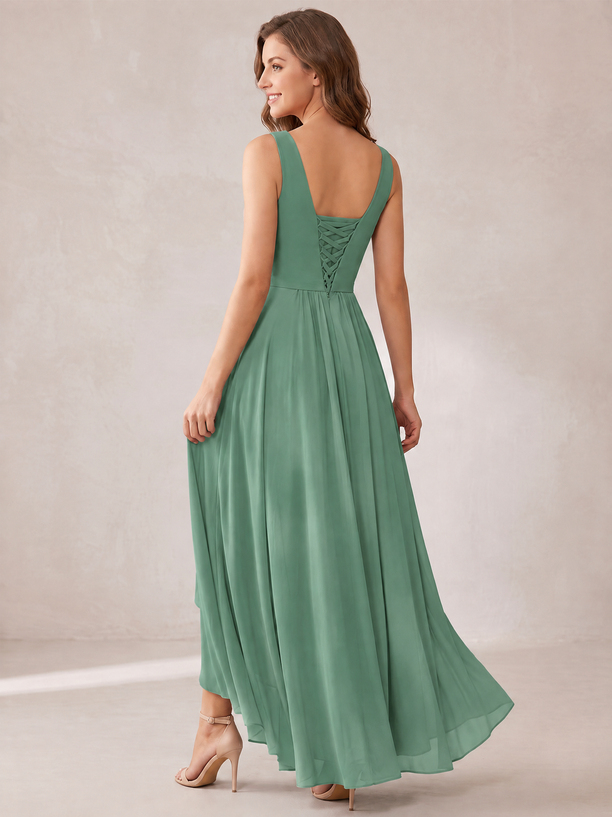 V-Neck High-Low Chiffon Bridesmaid Dress with Ruffles