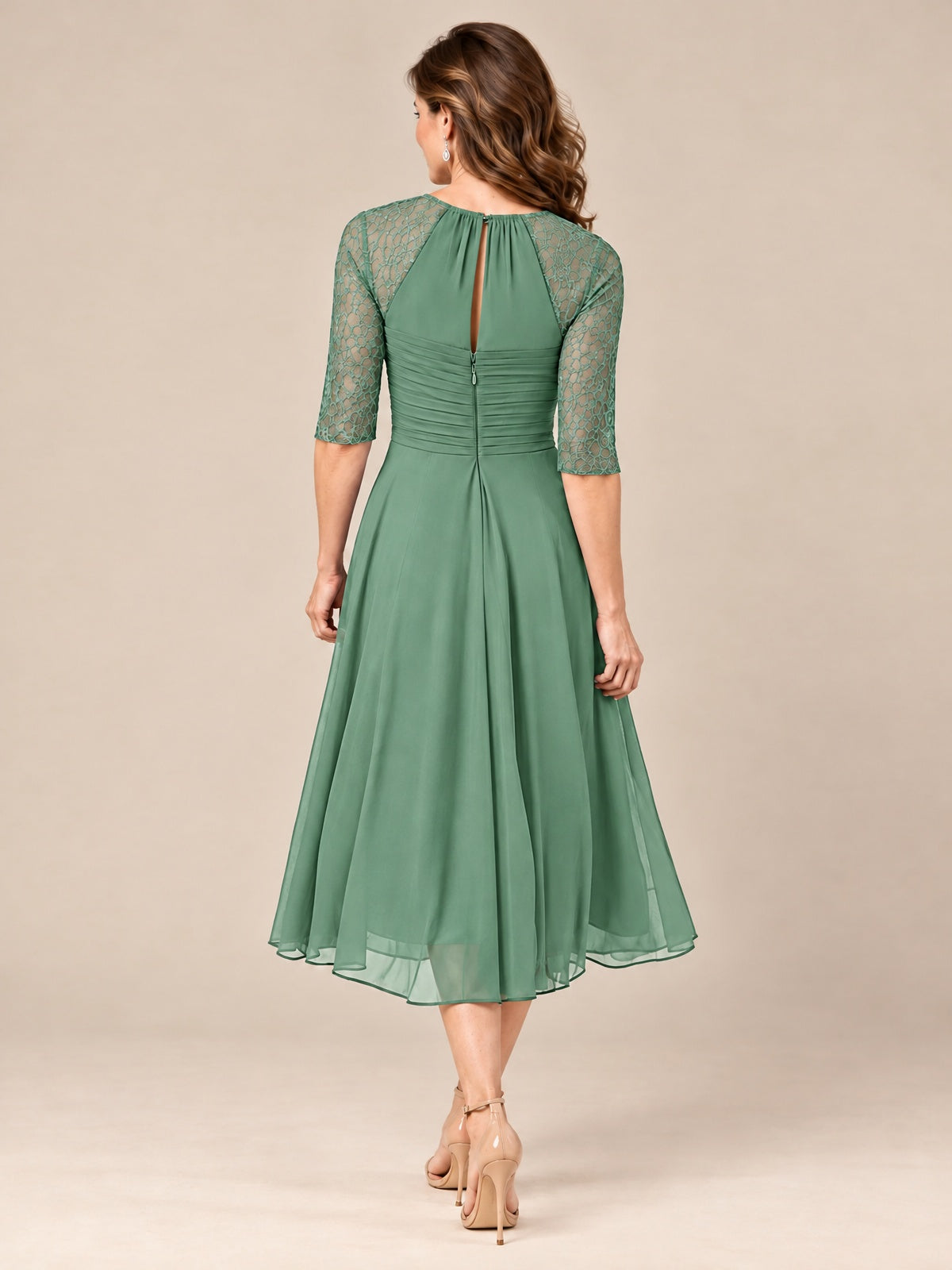 Tea-Length Mother of the Bride Dress with Lace 3/4 Sleeves