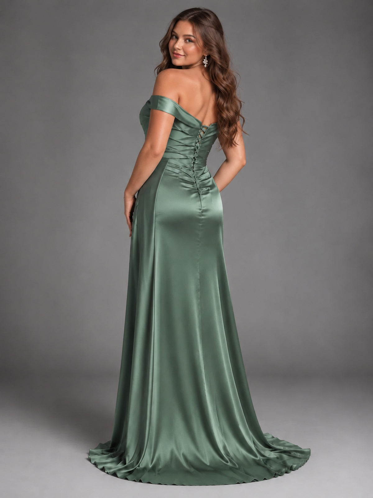 Off Shoulder Satin Maxi Dress with Slit