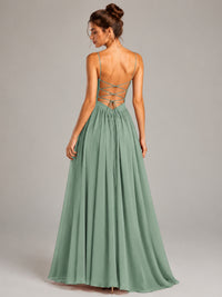 Spaghetti Strap Ruched Chiffon Maxi Dress with Backless