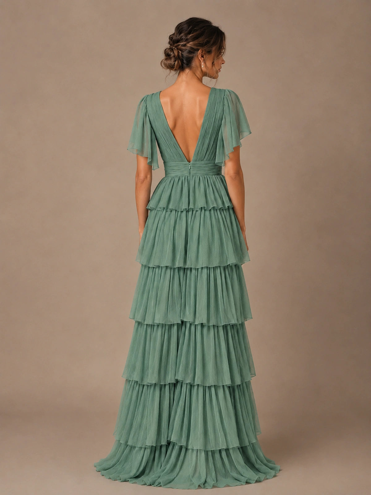 Chiffon V-Neck Tiered Ruffle Bridesmaid Dress with Slit
