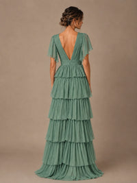 Chiffon V-Neck Tiered Ruffle Bridesmaid Dress with Slit