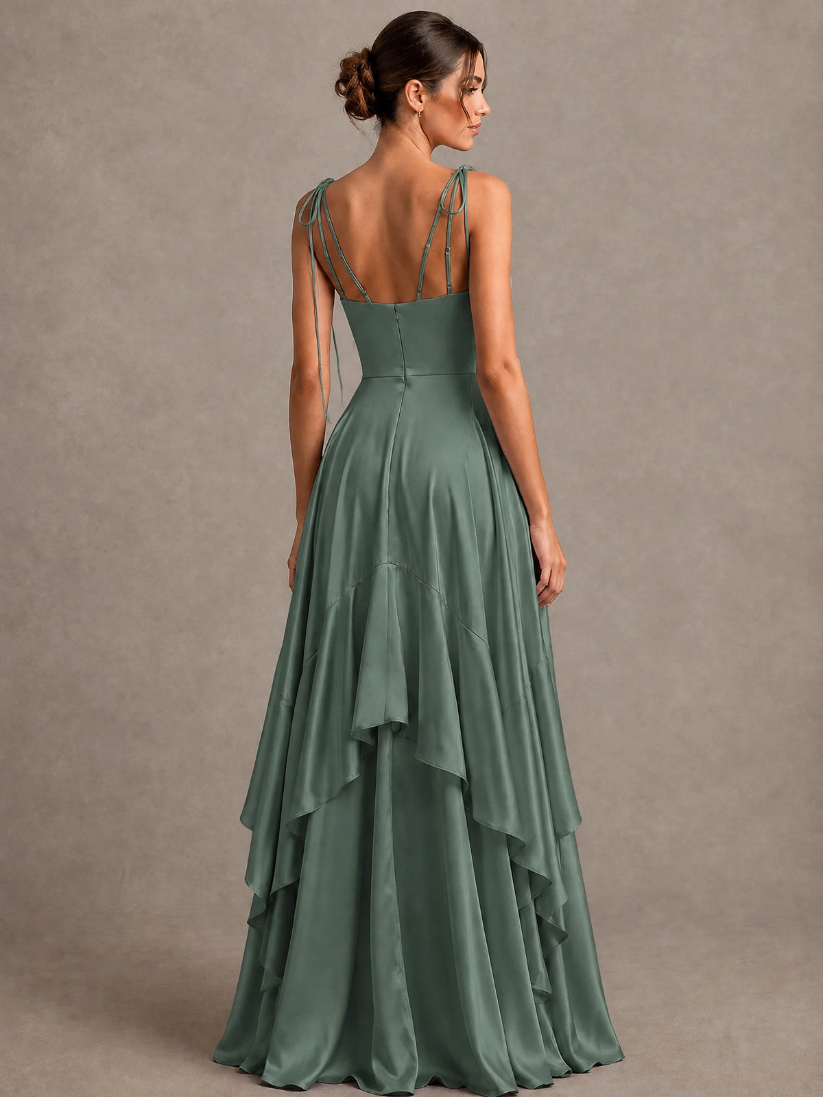 Lavender Satin V-Neck Ruffle Maxi Dress