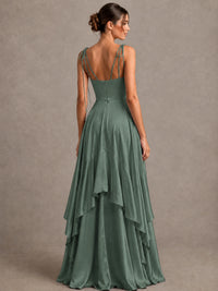 Lavender Satin V-Neck Ruffle Maxi Dress