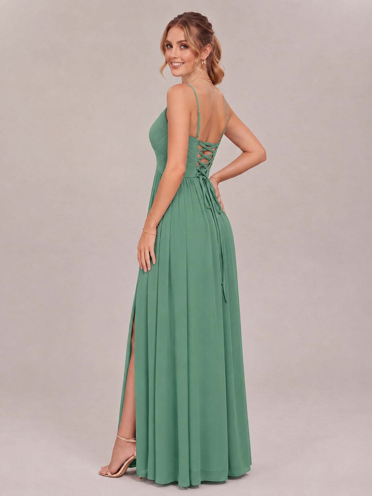 V-Neck Pleated Chiffon Long Bridesmaid Dress with Slit