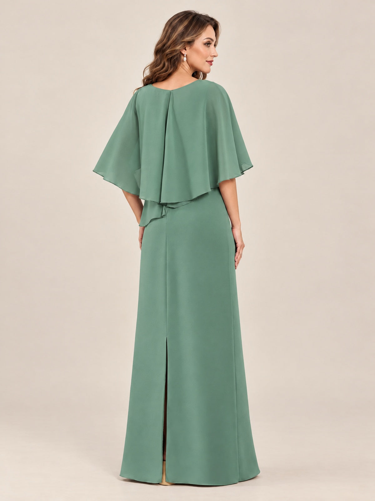 Cape Sleeve Mother of the Bride Dress with Asymmetrical Overlay