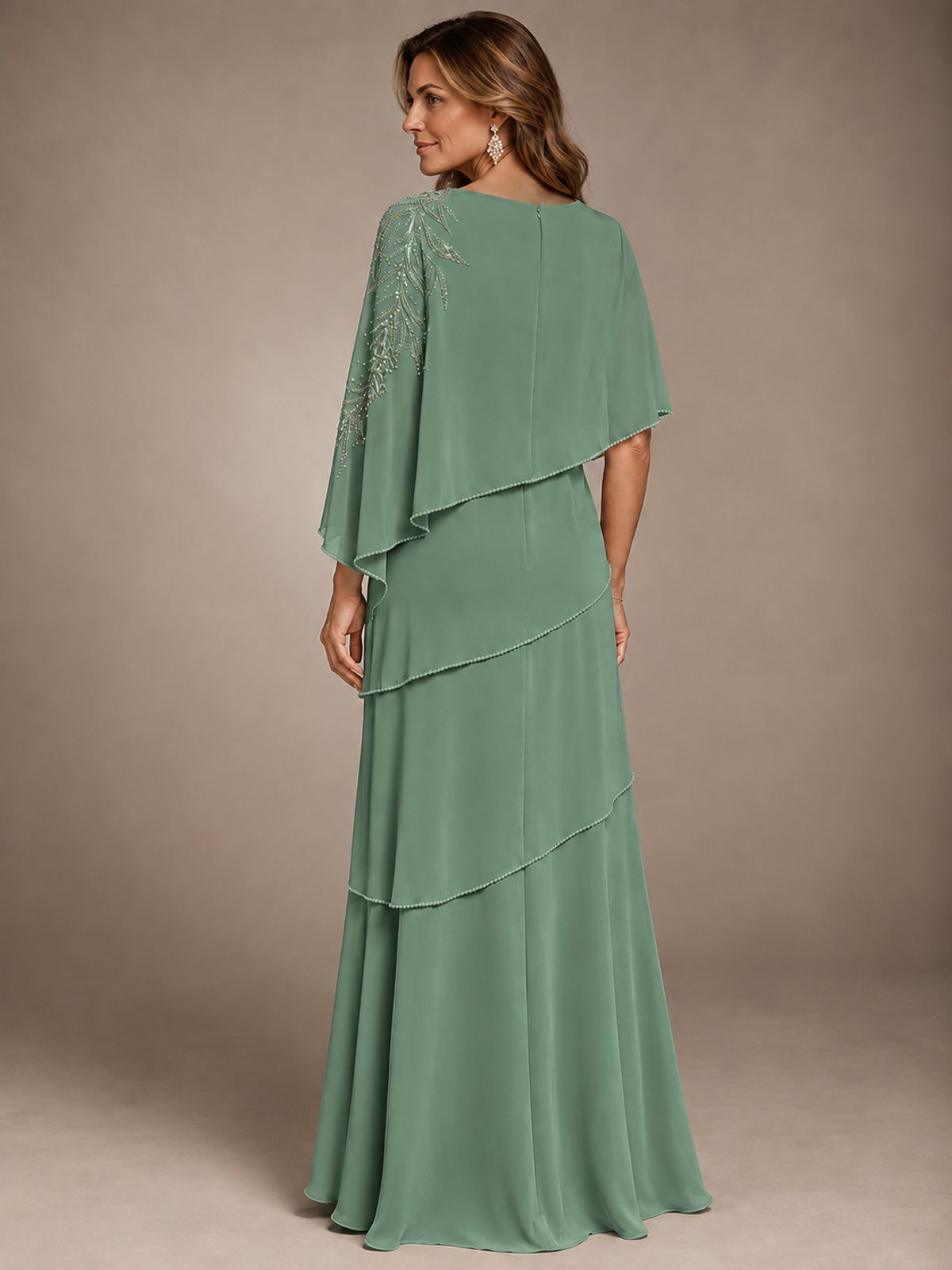 Elegant Chiffon Cape Sleeve Beaded Mother of the Bride Dress