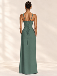 Square Neck Satin Sleeveless Ruched Prom Dress with High Slit