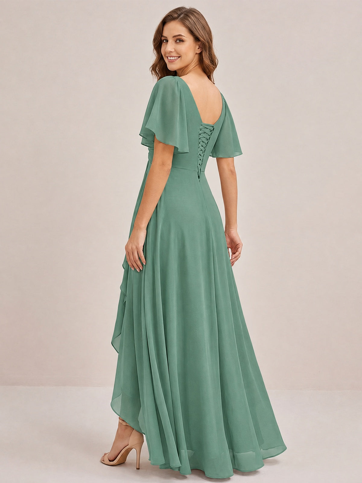 Dusty Blue Chiffon Bridesmaid Dress with Flutter Sleeves & High-Low Hem