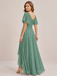 Dusty Blue Chiffon Bridesmaid Dress with Flutter Sleeves & High-Low Hem