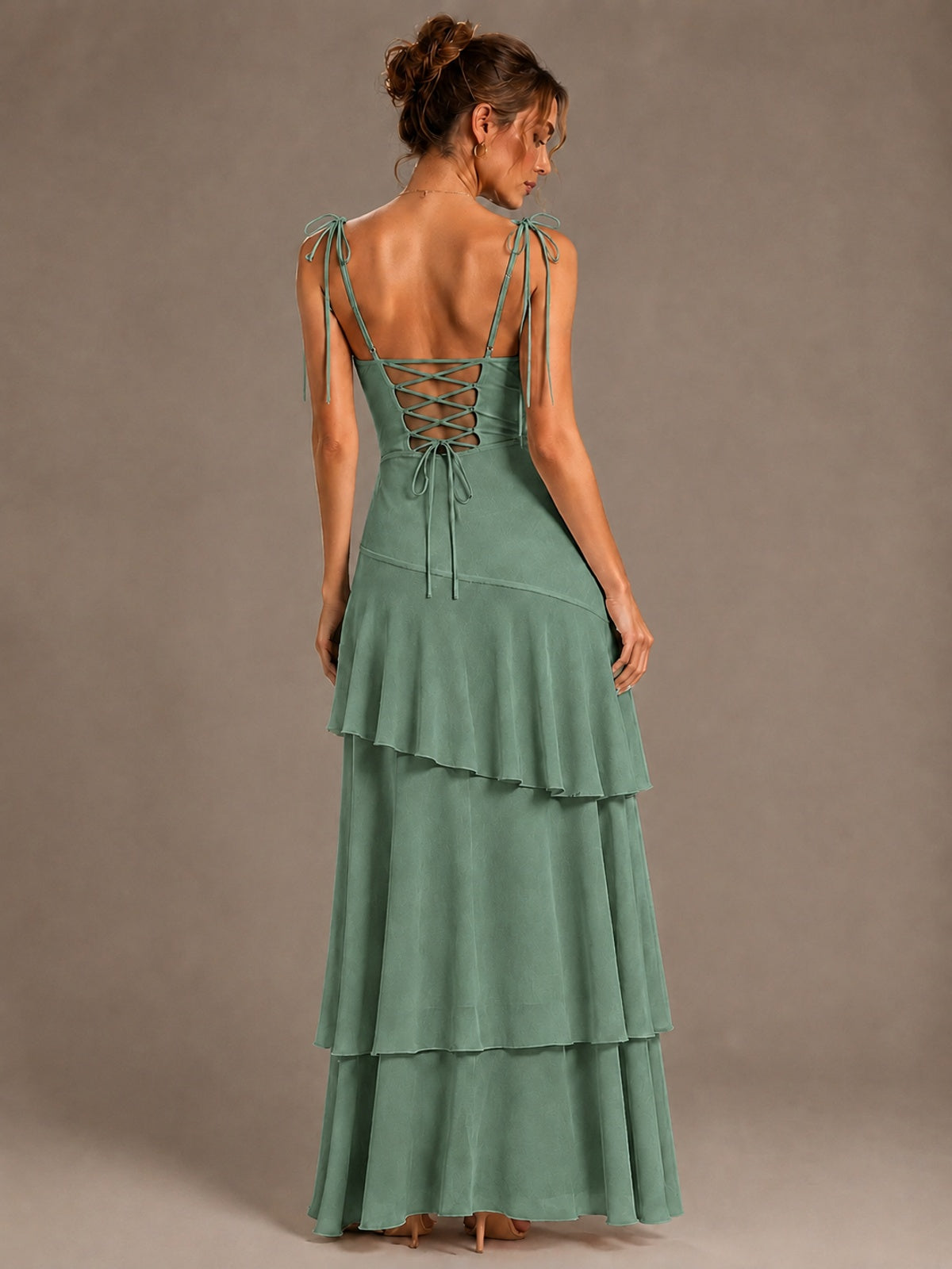 Spaghetti Strap Tiered Ruffles Chiffon Prom Dress