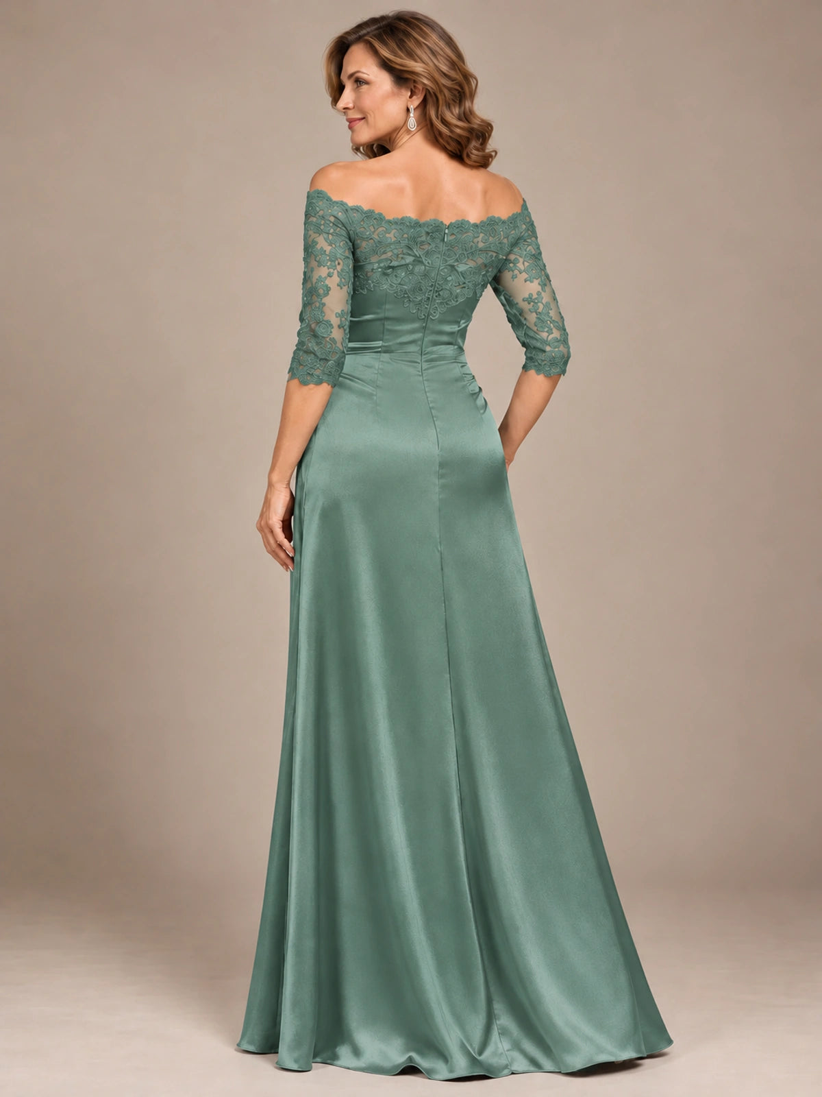 Satin Mother of the Bride Dress with Lace Sleeves Off Shoulder Formal Gown