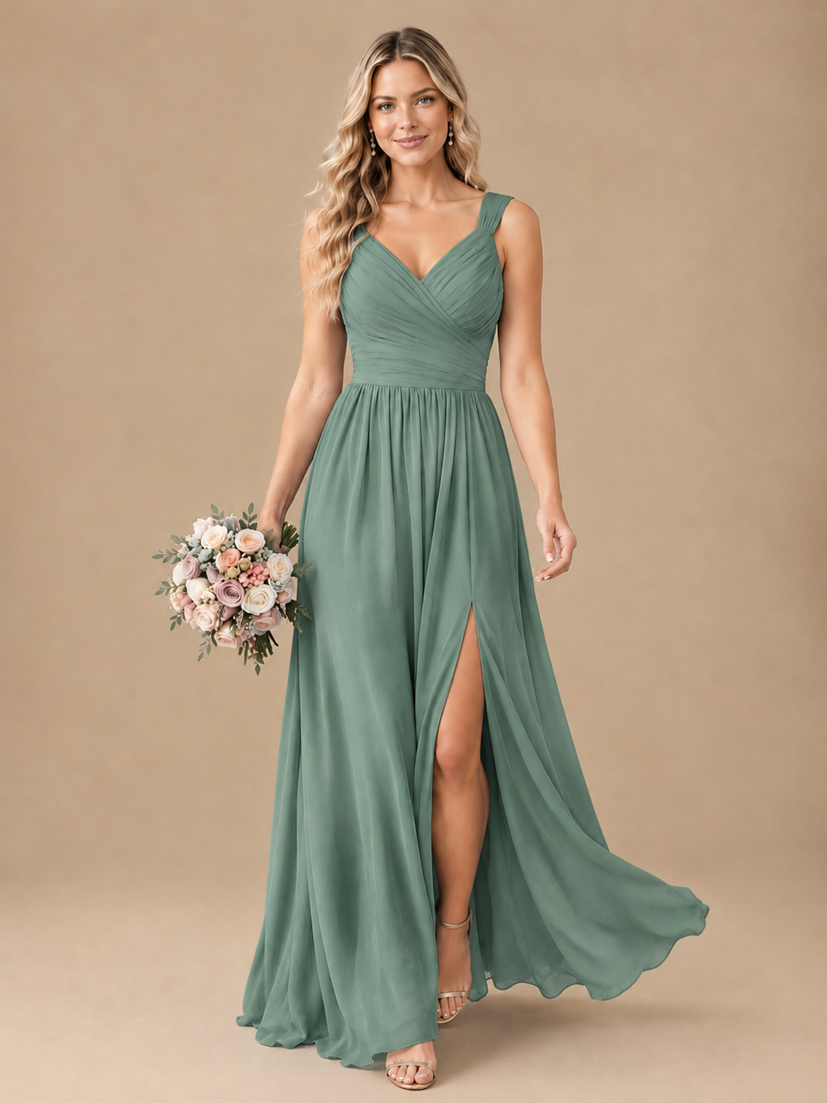 Pleated Chiffon V Neck Wedding Bridesmaid Dresses Floor Length with Slit