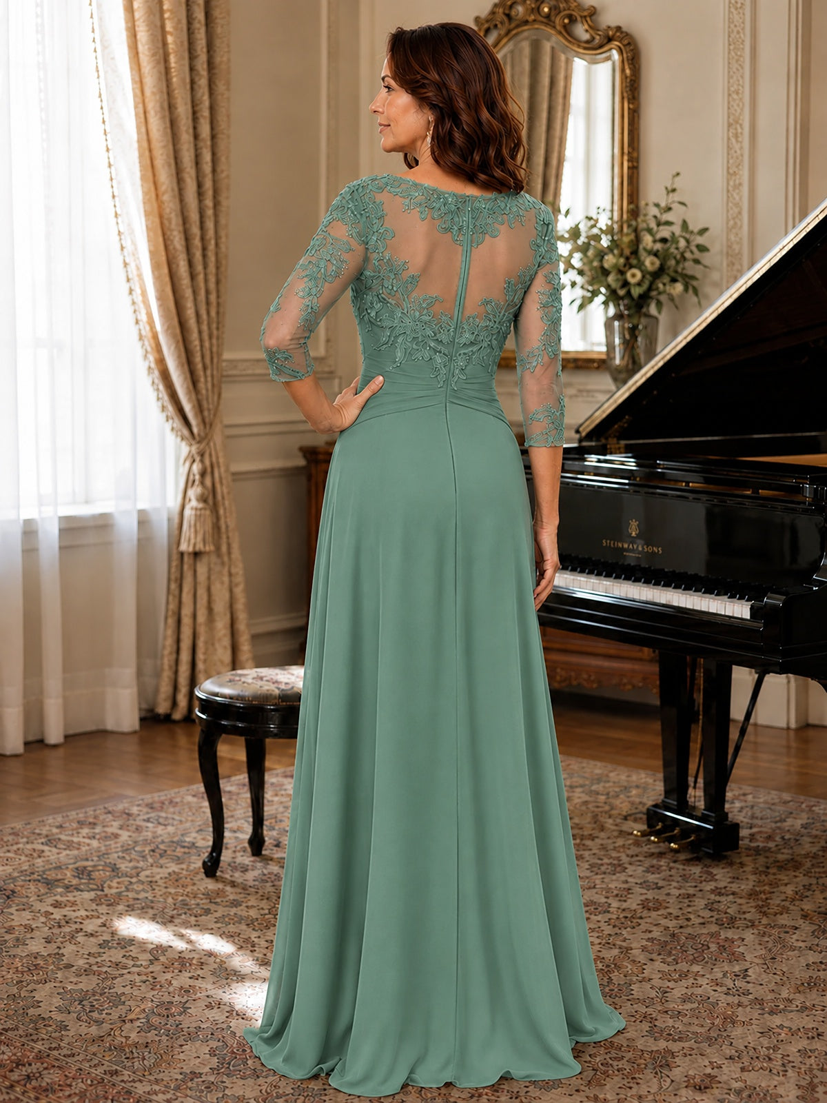 A-Line Chiffon Mother of the Bride Dress with Floral Applique 3/4 Sleeves