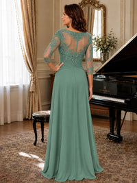 A-Line Chiffon Mother of the Bride Dress with Floral Applique 3/4 Sleeves