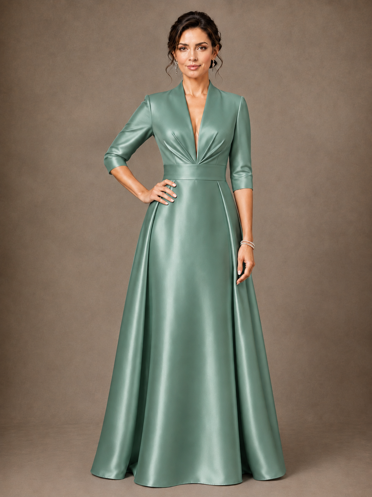 V-Neck Pleated Satin Mother of the Bride Gown with 3/4 Sleeves