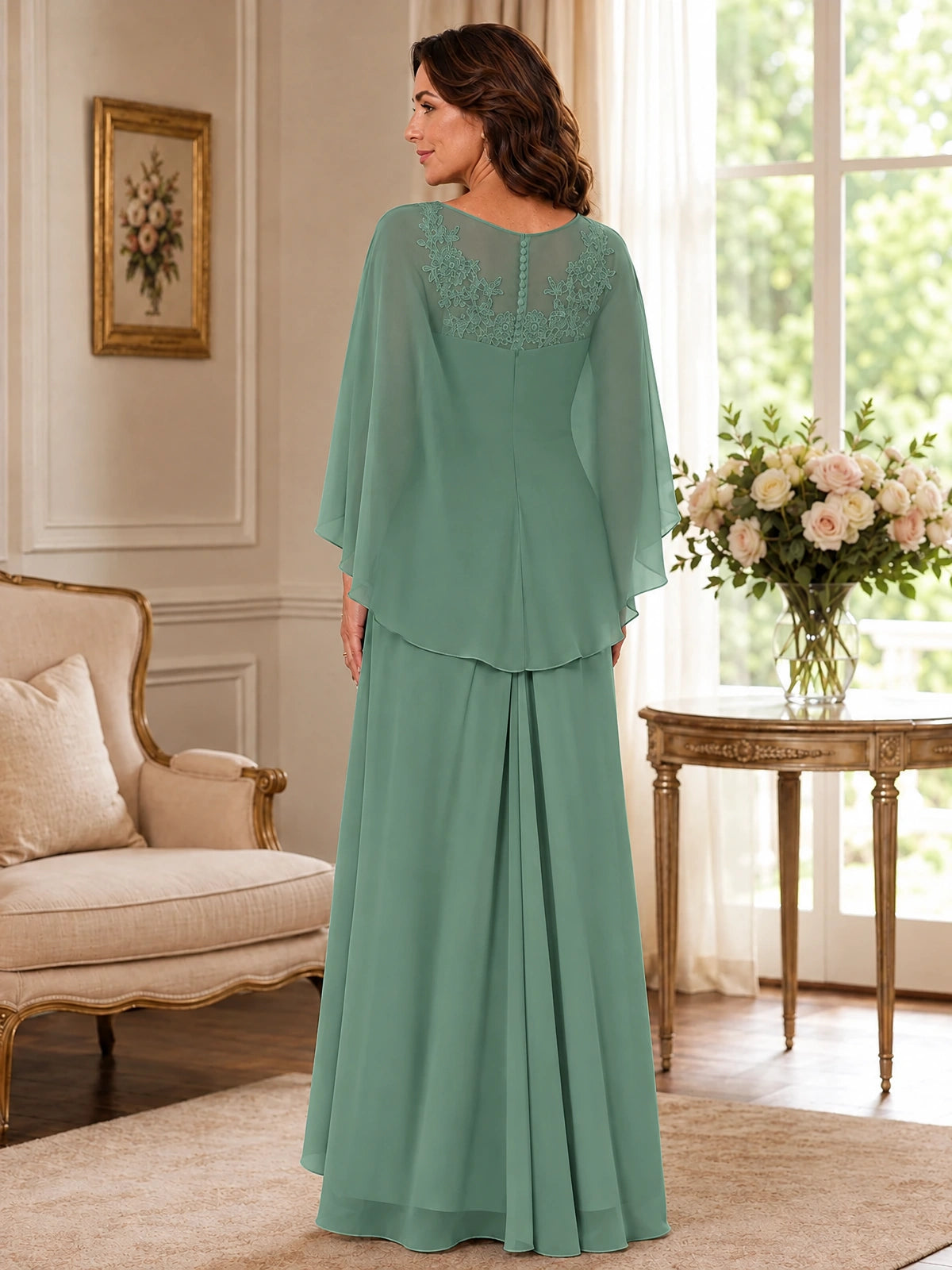Elegant Chiffon Mother of the Bride Dress with Lace Applique and Cape Sleeves