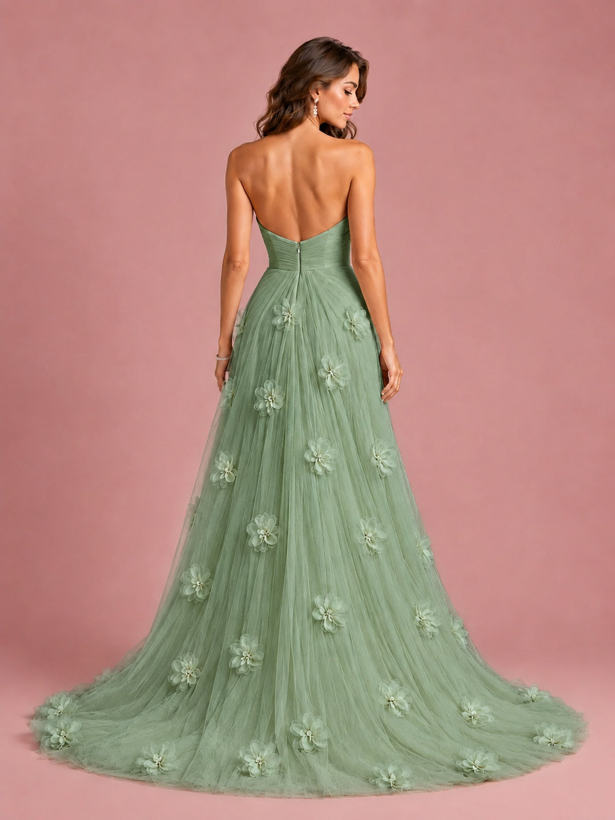 3D Floral Applique Strapless Tulle Prom Dress with High Slit
