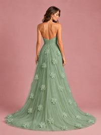 3D Floral Applique Strapless Tulle Prom Dress with High Slit