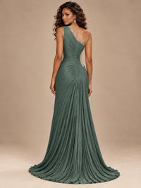 Burgundy One Shoulder Ruched Prom Dress with High Slit & Beaded Waist