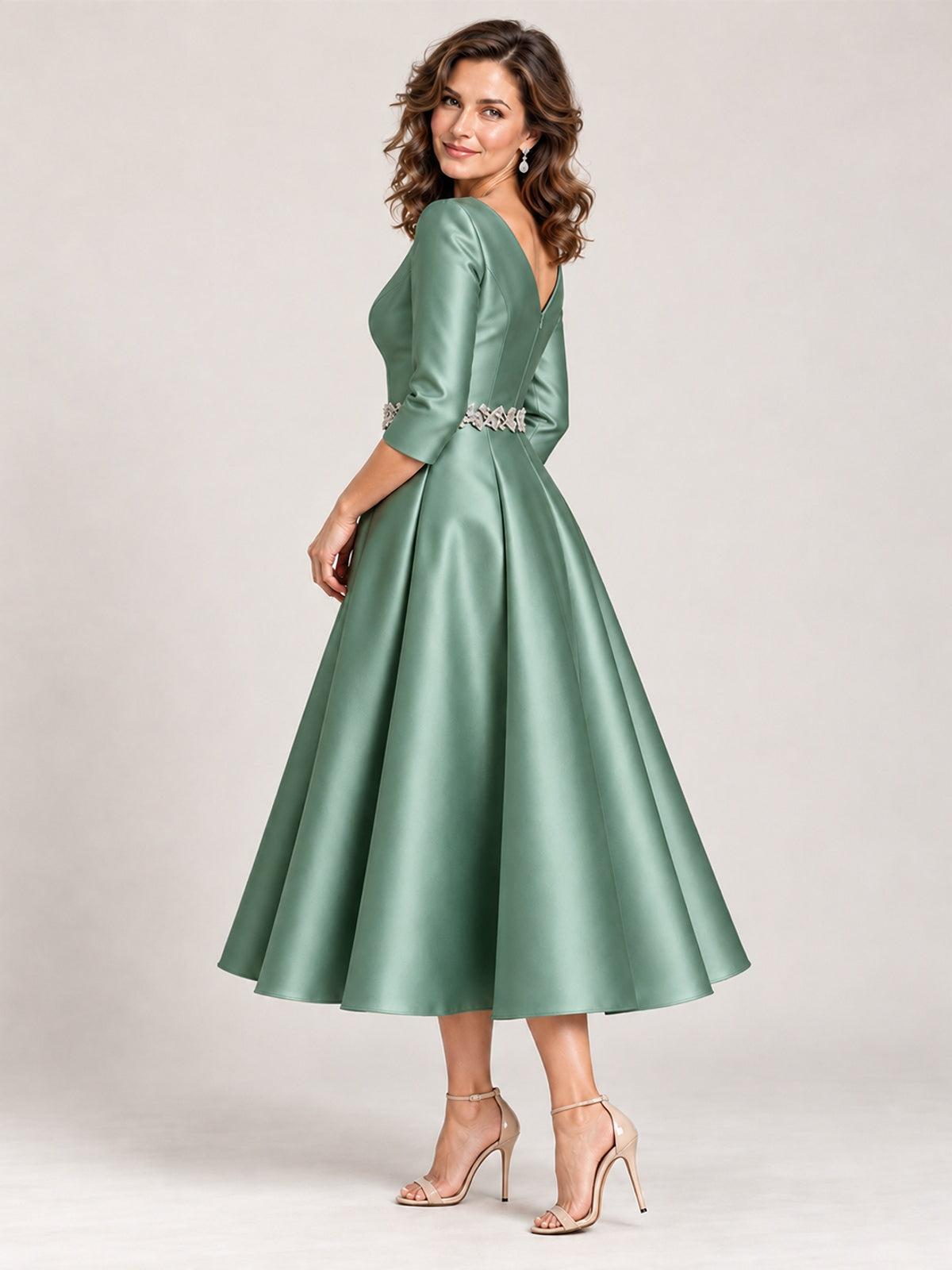 V-Neck Tea-Length Mother of the Bride Dress with Embellished Waist