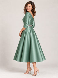 V-Neck Tea-Length Mother of the Bride Dress with Embellished Waist