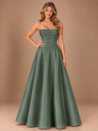 Blush Pink Strapless Satin A-Line Prom Dress with Ruched Bodice
