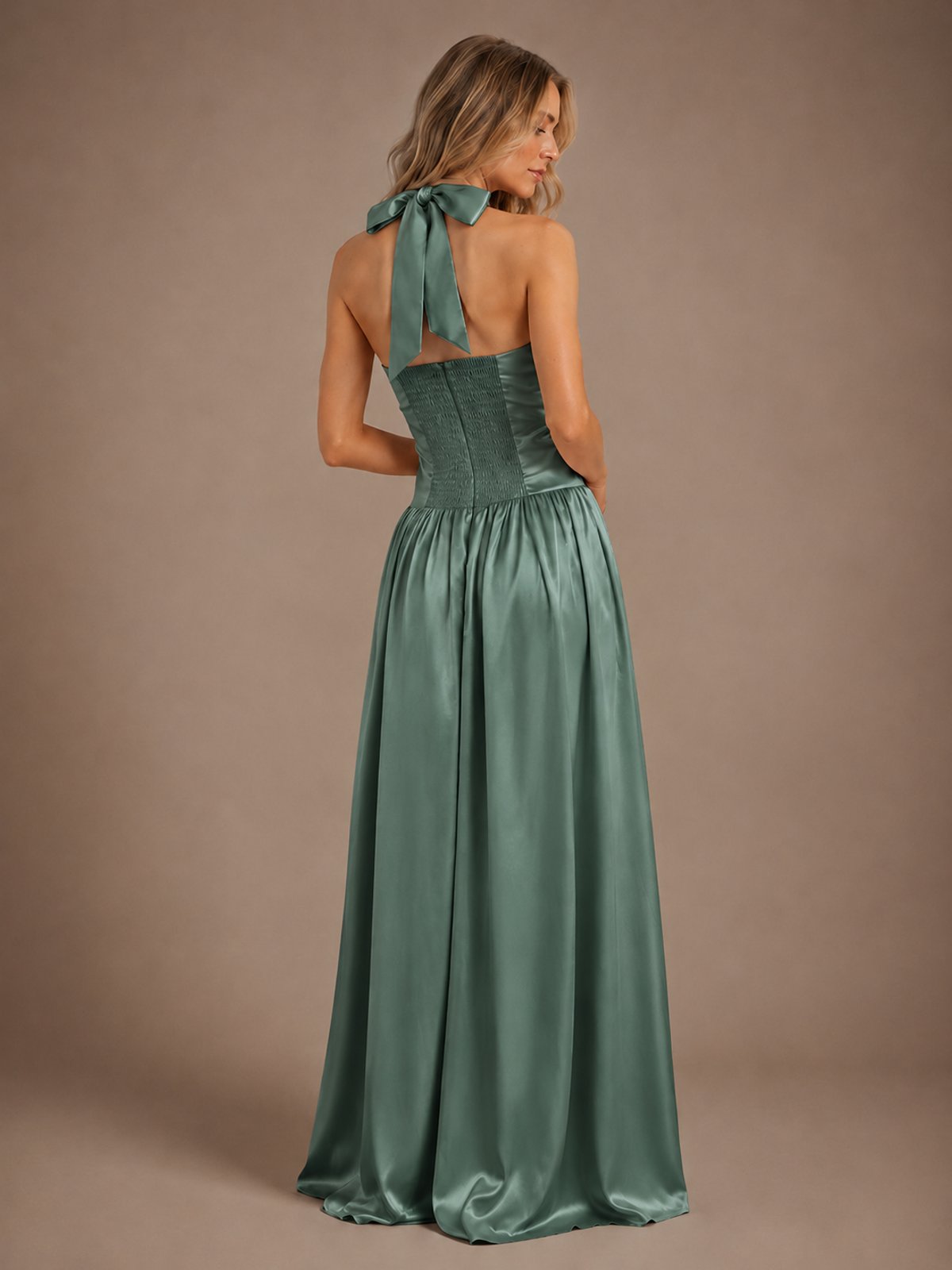 Pink V Neck Halter Satin Maxi Dress