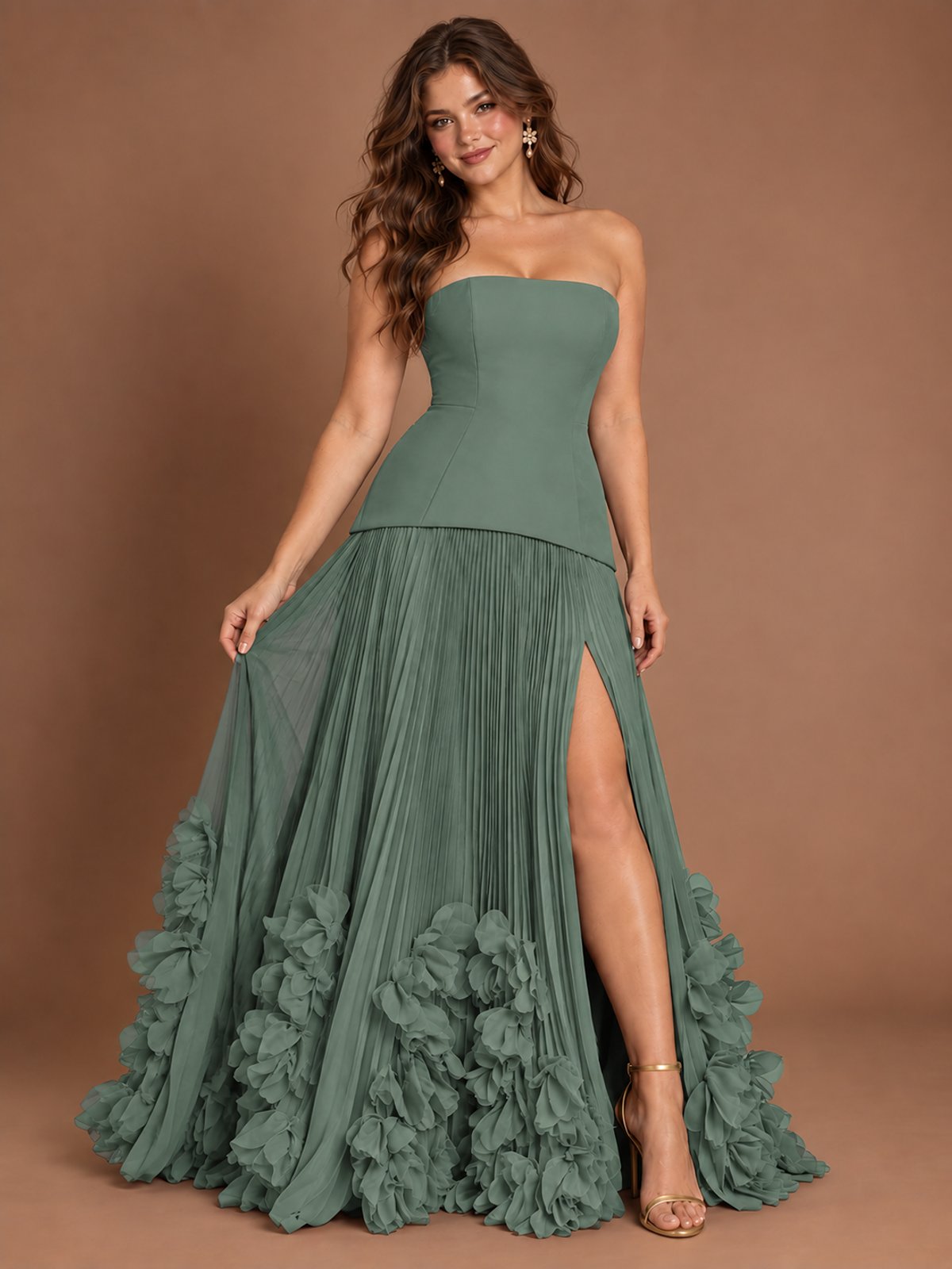 Strapless Pleated Floral Satin Formal Dress with Side Slit