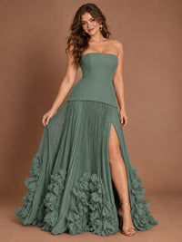 Strapless Pleated Floral Satin Formal Dress with Side Slit