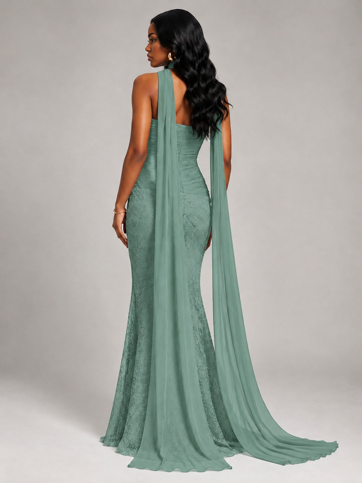 Pleated Chiffon Lace Prom Dresses Long Bodycon Mermaid with Scarf