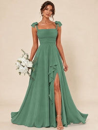 Ruffle Slit Chiffon A Line Scoop Neck Bridesmaid Dresses with Pockets