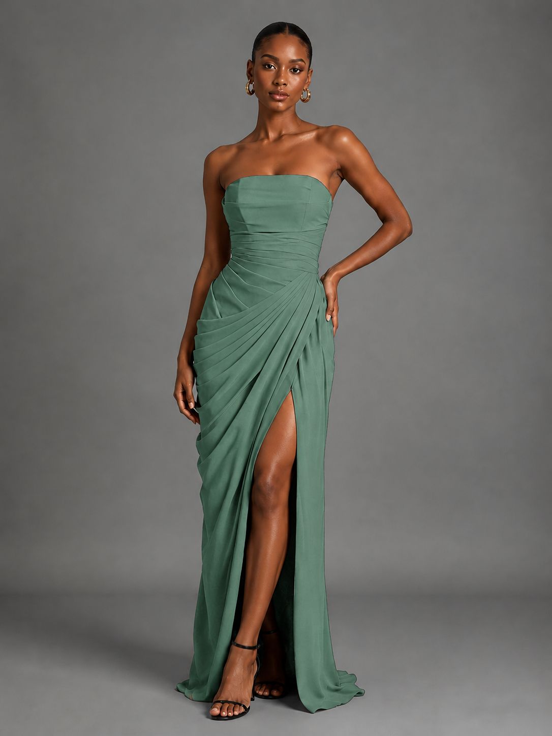 Strapless Bodycon Pleated Chiffon Formal Dress with Slit