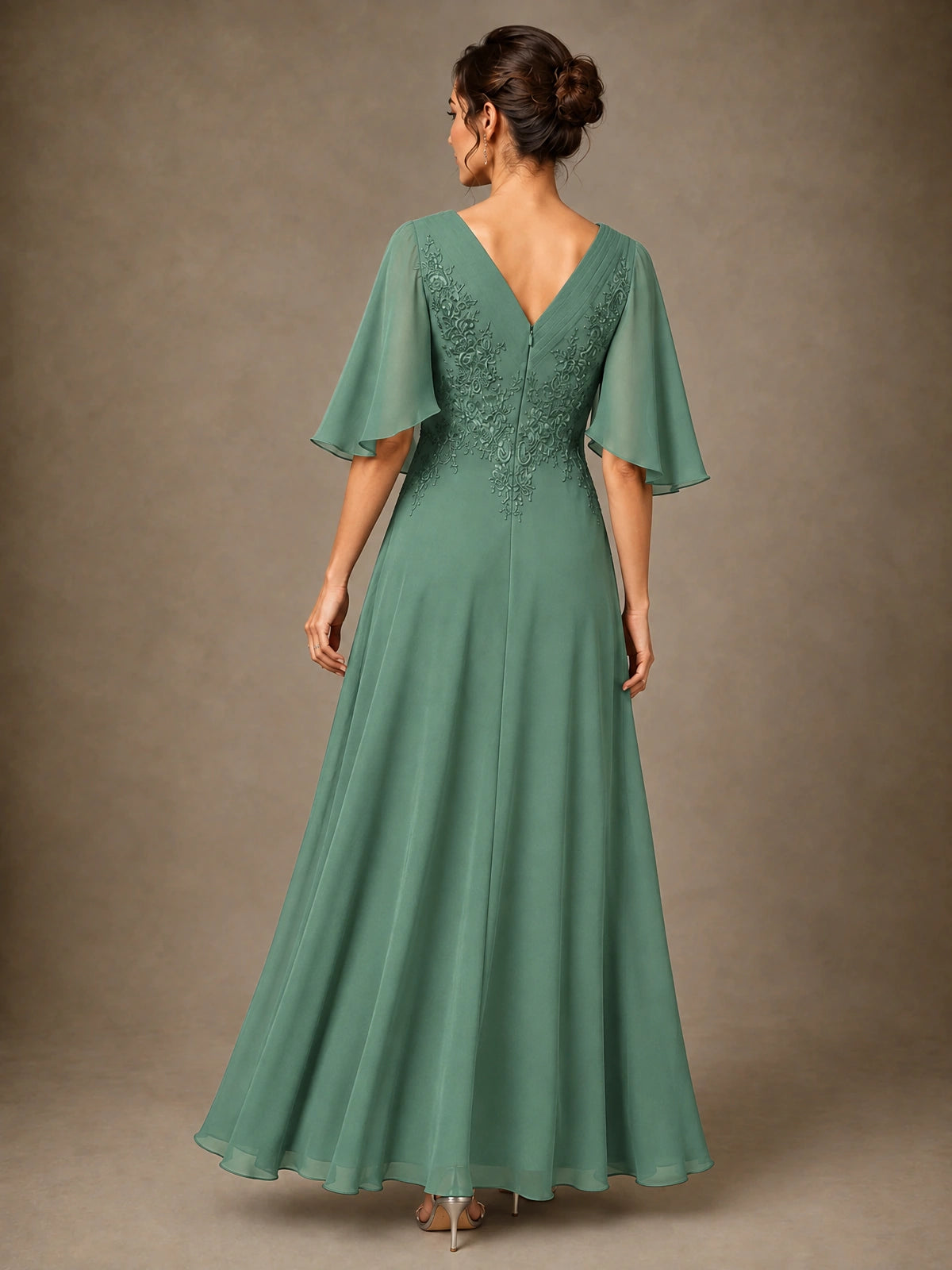 V-Neck Chiffon Lace Mother of the Bride Dress with Flutter Sleeves