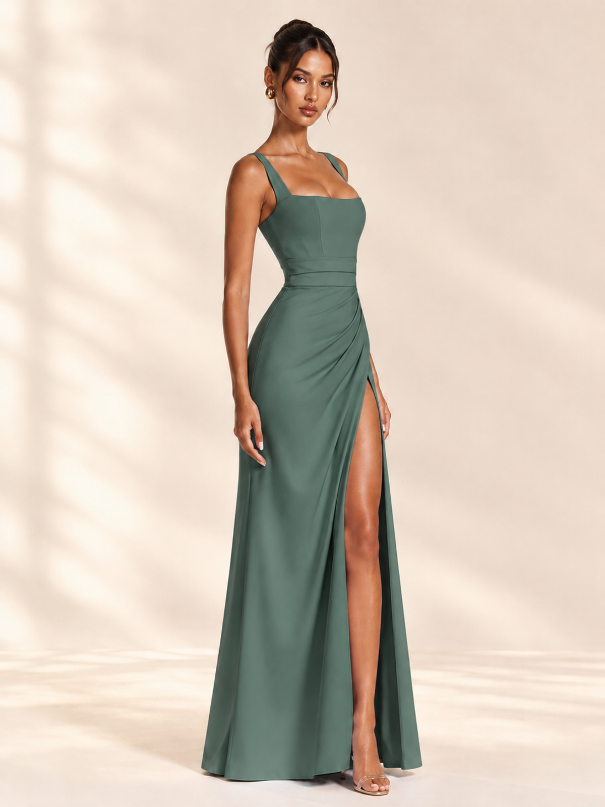 Square Neck Satin Sleeveless Ruched Prom Dress with High Slit