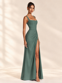 Square Neck Satin Sleeveless Ruched Prom Dress with High Slit