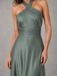 Sage Green Satin A-Line Bridesmaid Dress with Halter Neck