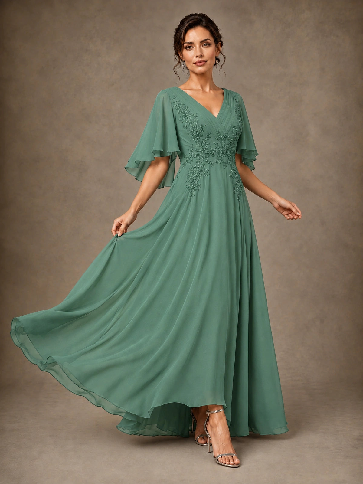 V-Neck Chiffon Lace Mother of the Bride Dress with Flutter Sleeves