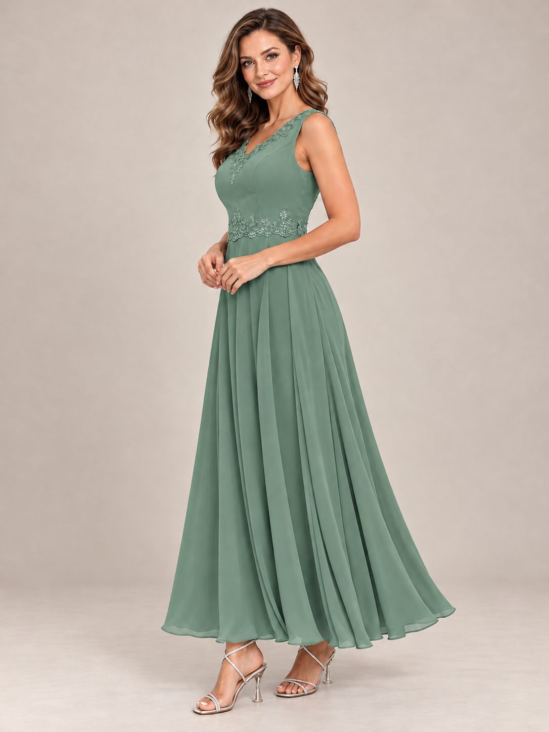 Dusty Blue Floral Lace Chiffon Mother of the Bride Dress with Jacket