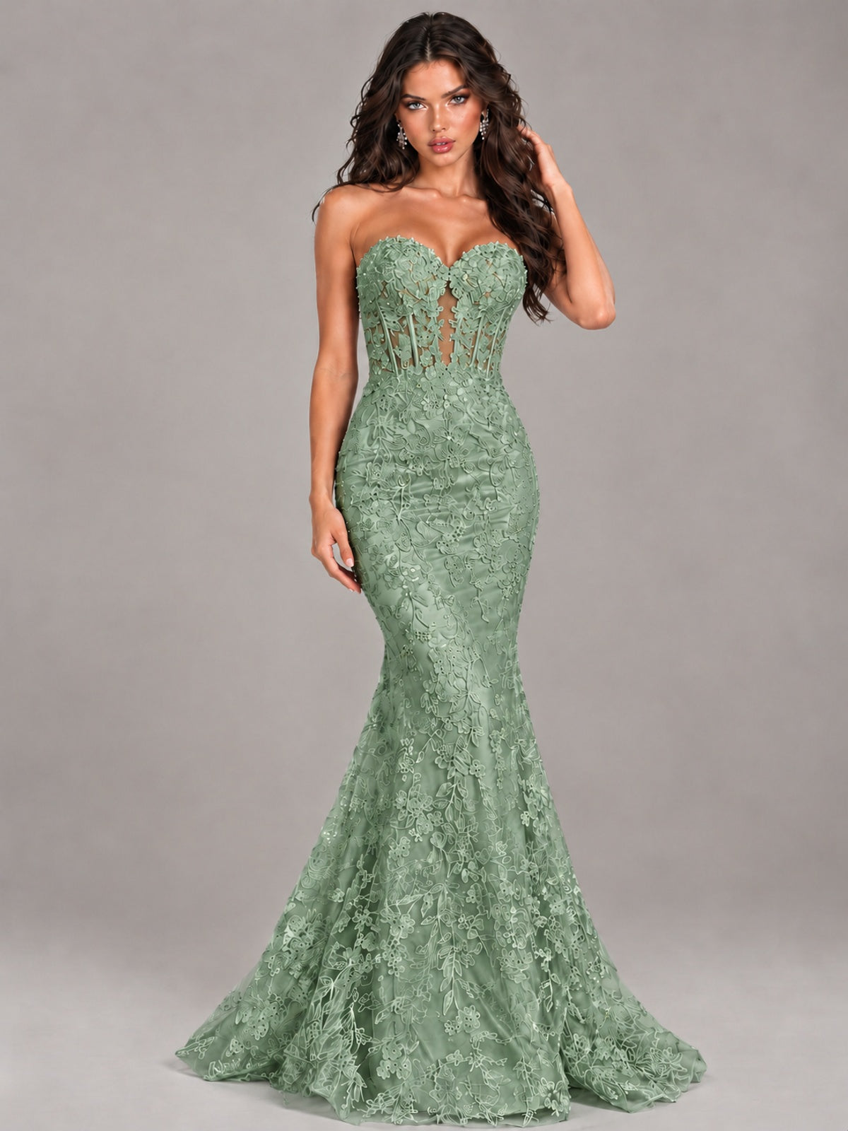 Strapless Corset Mermaid Prom Dress Lace Appliqué Formal Gown