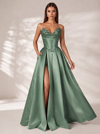 Strapless Corset Satin Prom Dress Long Evening Gown with High Slit
