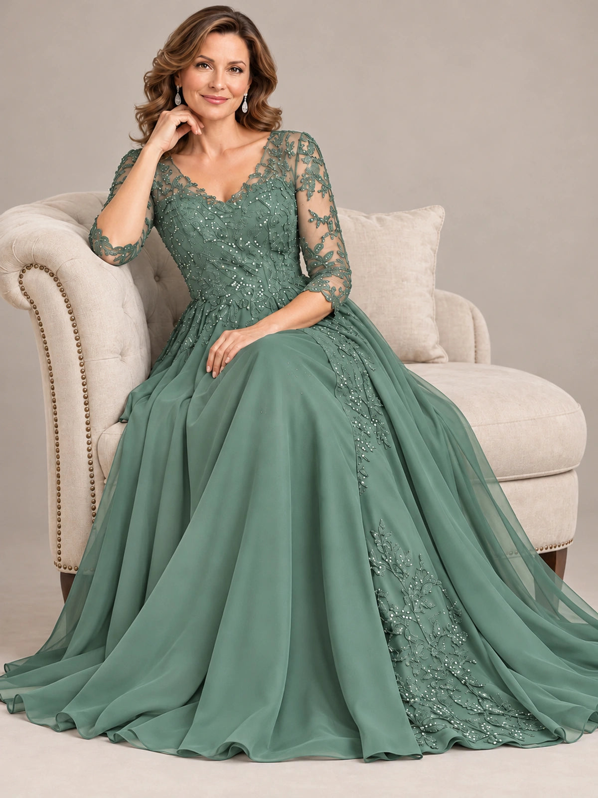 Sequin Lace A-Line Mother of the Bride Dress with 3/4 Sleeves