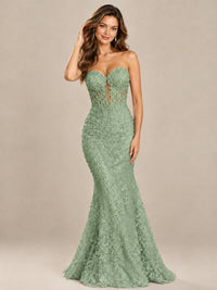 Strapless Corset Mermaid Prom Dress with Floral Lace Appliqué